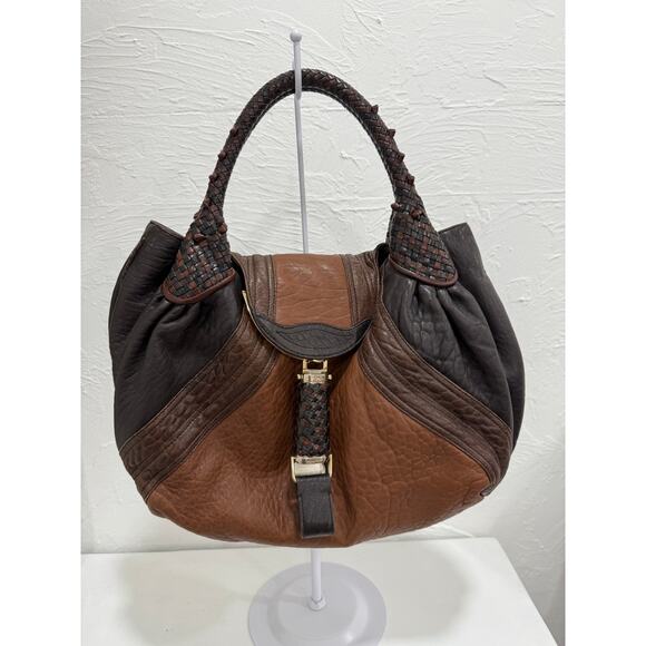 Fendi Pebbled Nappa Leather Crispe Tribal Spy Hand Bag Brown/Black - Picture 1 of 6
